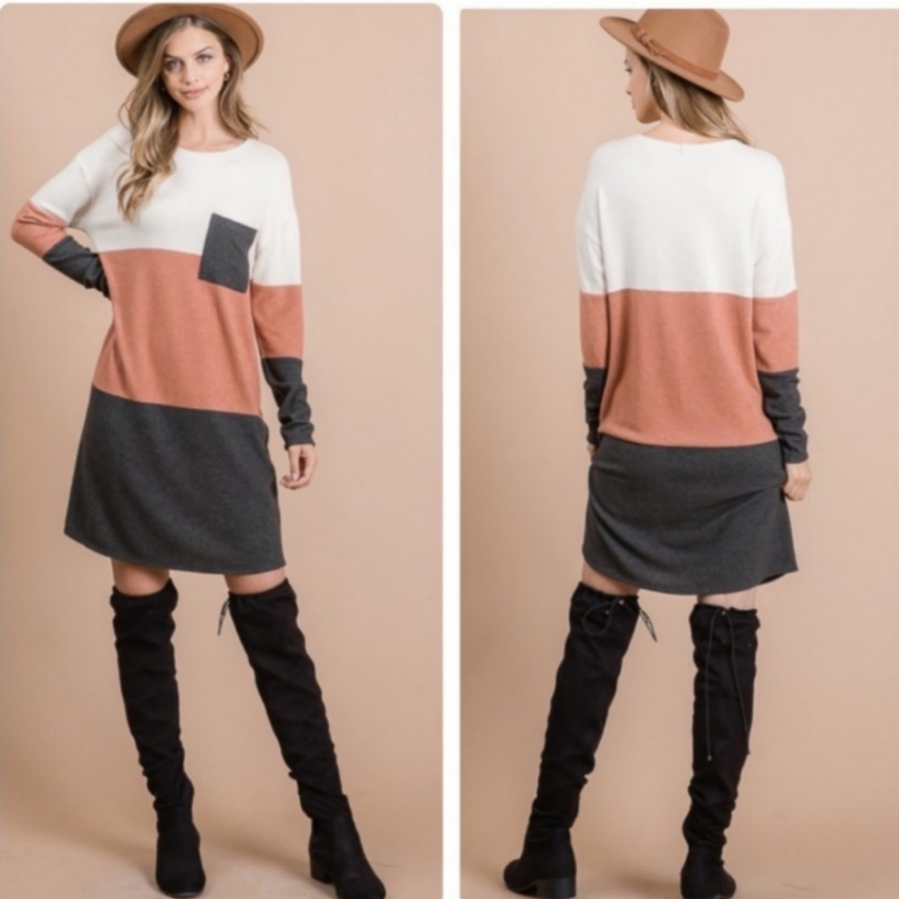 Comfy Brushed Color Block Knee Length Tee Dress